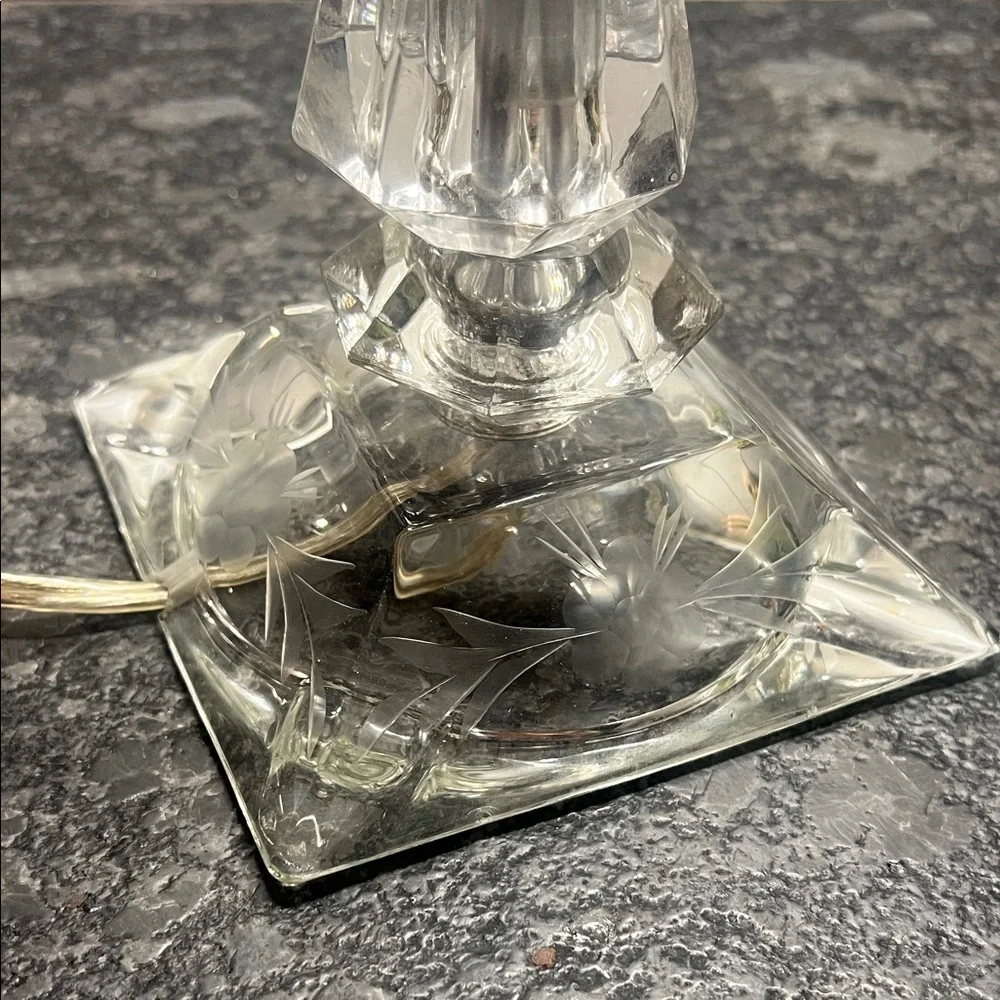 Vintage Clear Cut Glass Lamp Base with etching. All glass 15”